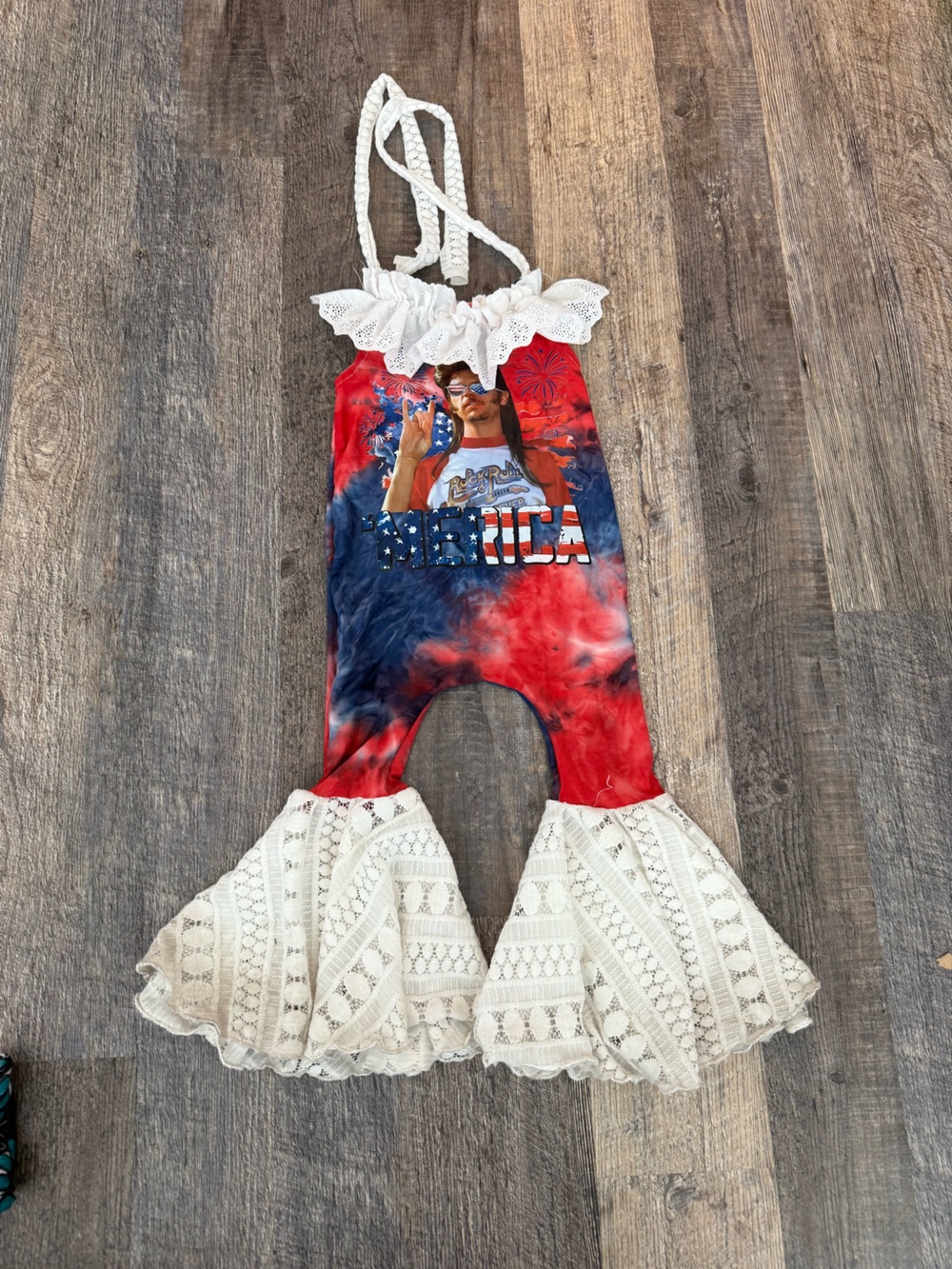 Kids Red & Blue Tie-Dye Patriotic Romper with White Eyelet Ruffle *Needs Repair